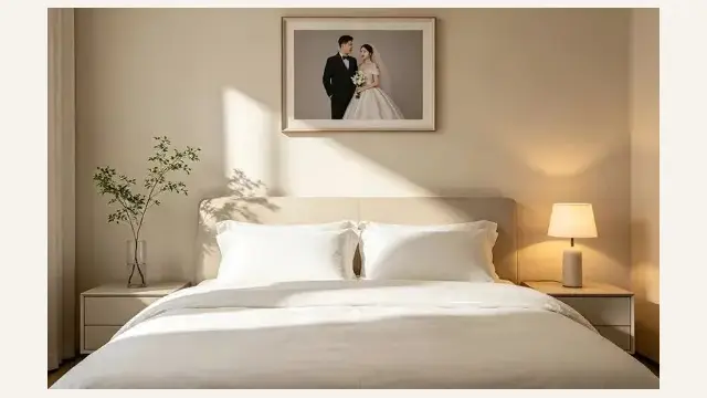 Is it considered lucky or auspicious to hang a wedding photo above the head of the bed?